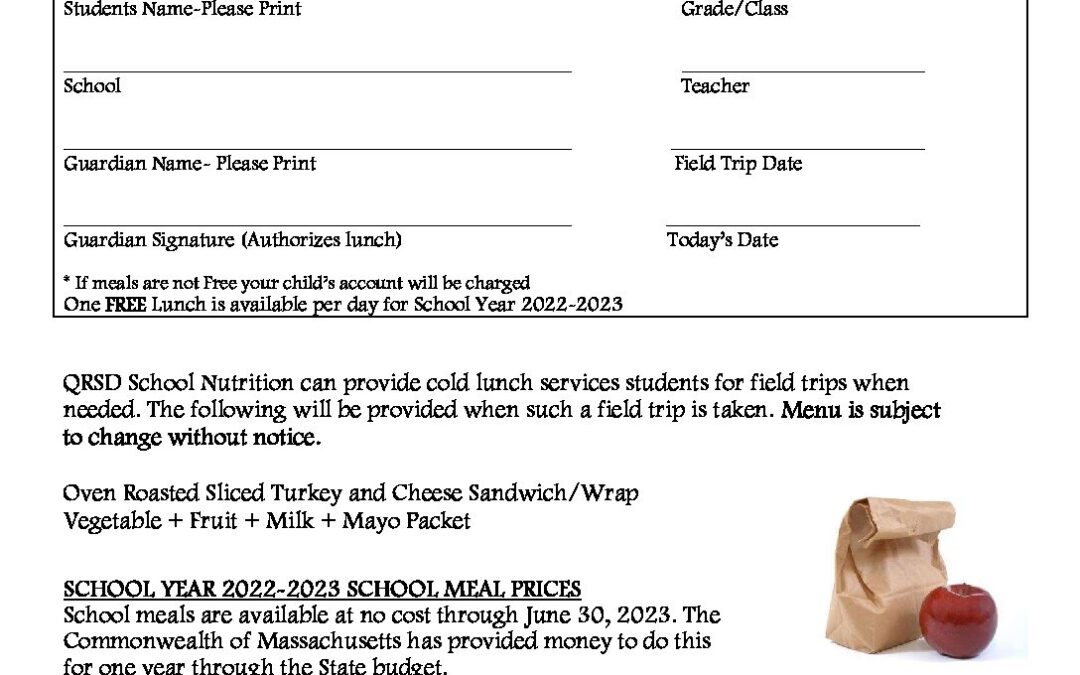 2022-2023 Field Trip Lunch Order Form | Quabbin | Health-e Living